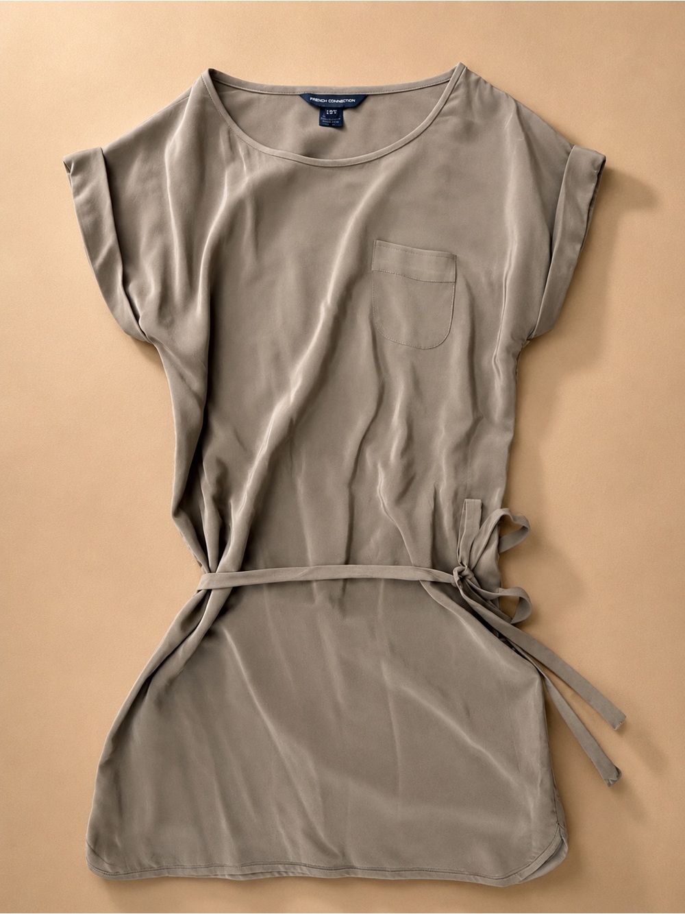French Connection 100% Silk Belted Tunic Mini Dress Taupe Size 6